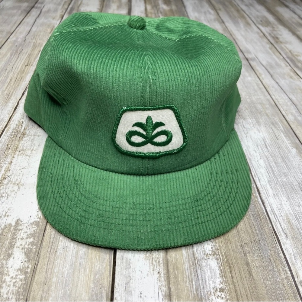 Vintage K Products Pioneer Seeds Green Corduroy Hat Farmer Snapback USA Cap